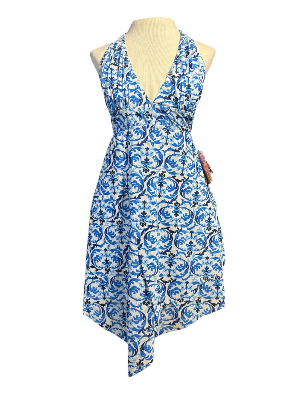 BECCA Blue & White Asymmetrical Halter swim Dress cover up